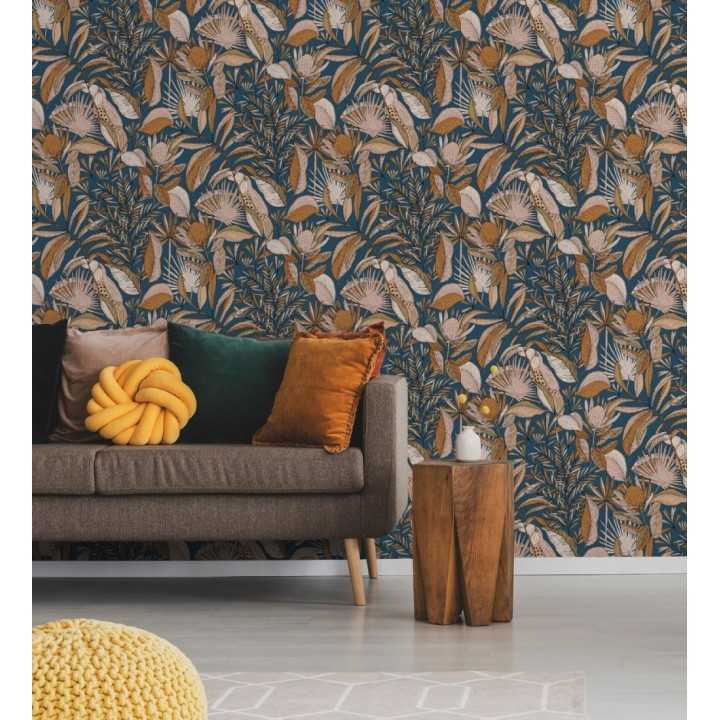 Papel pintado de hojas y tucanes fondo azul - Nueva Guinea 128723