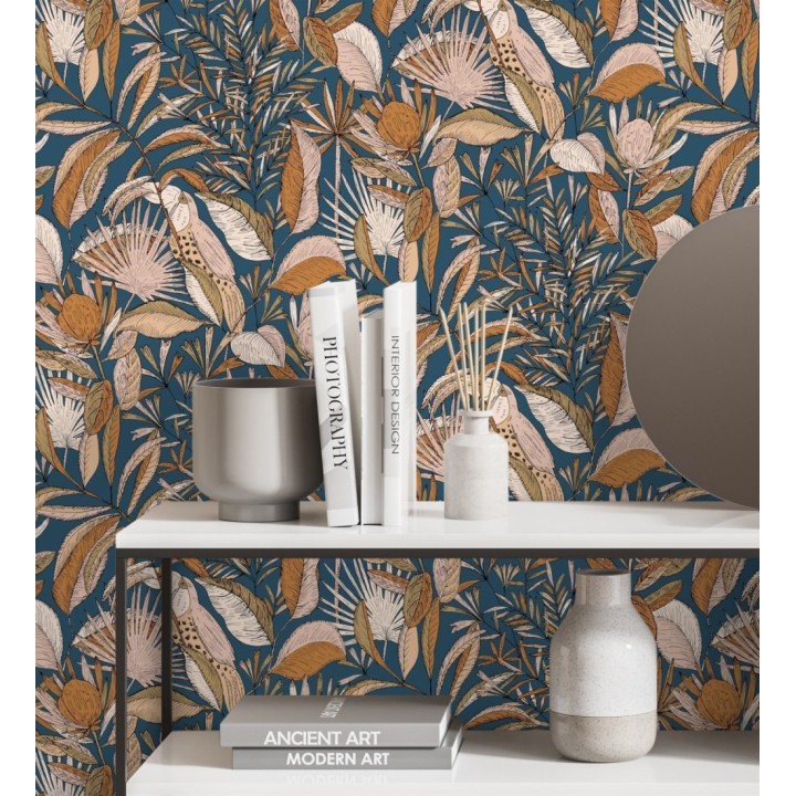 Papel pintado de hojas y tucanes fondo azul - Nueva Guinea 128723