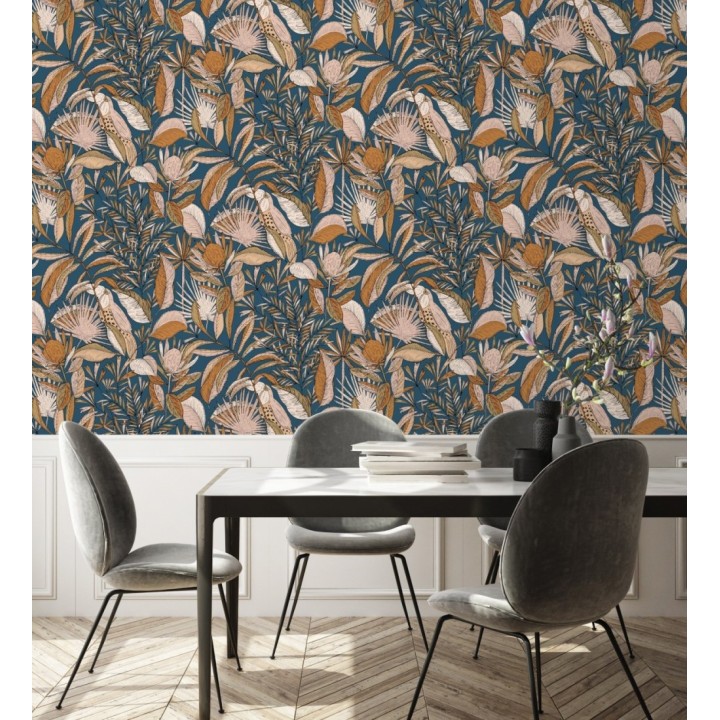 Papel pintado de hojas y tucanes fondo azul - Nueva Guinea 128723