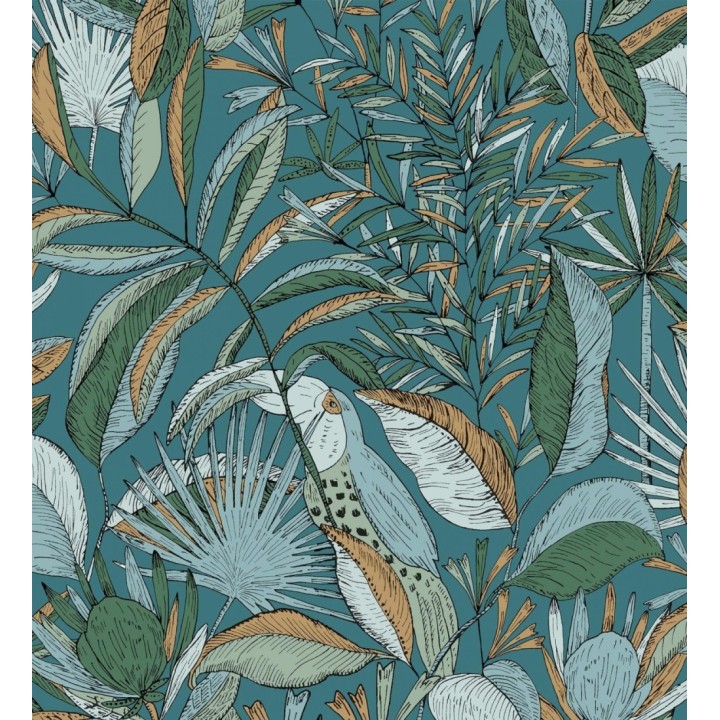 Papel pintado de hojas y tucanes fondo turquesa - Nueva Guinea 128724