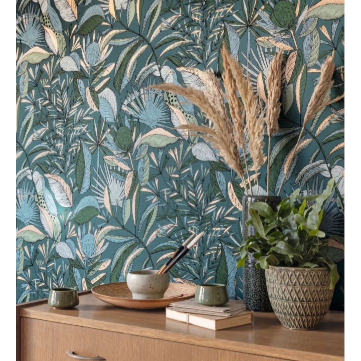 Papel pintado de hojas y tucanes fondo turquesa - Nueva Guinea 128724