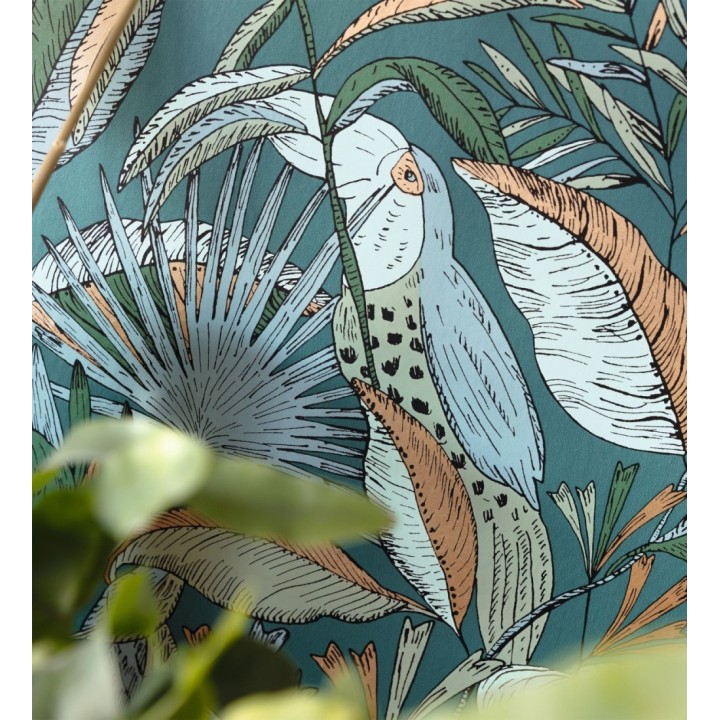 Papel pintado de hojas y tucanes fondo turquesa - Nueva Guinea 128724