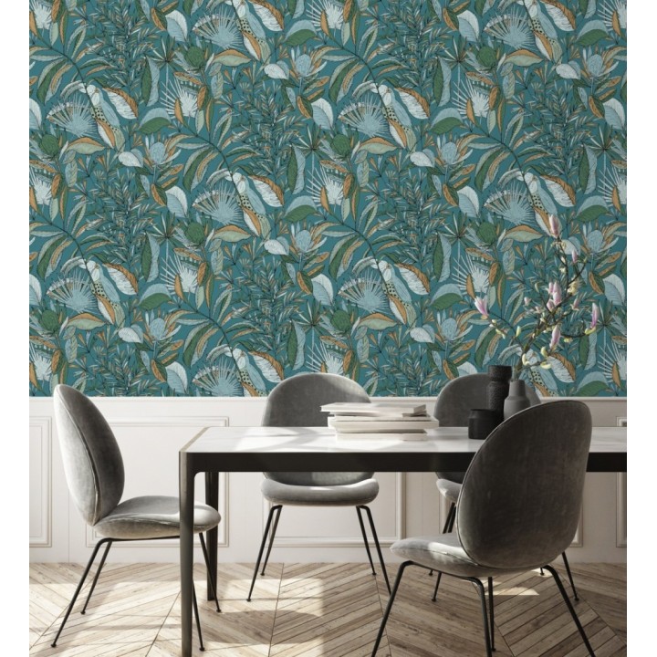 Papel pintado de hojas y tucanes fondo turquesa - Nueva Guinea 128724