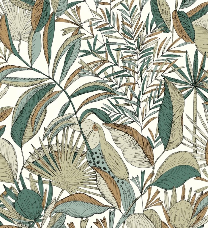 Papel pintado de hojas y tucanes tonos verdes - Nueva Guinea 128725