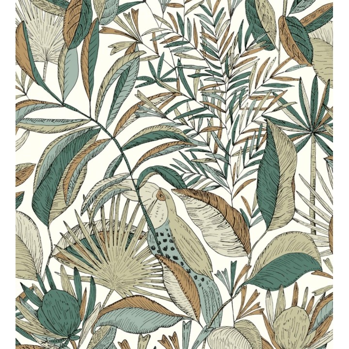 Papel pintado de hojas y tucanes tonos verdes - Nueva Guinea 128725