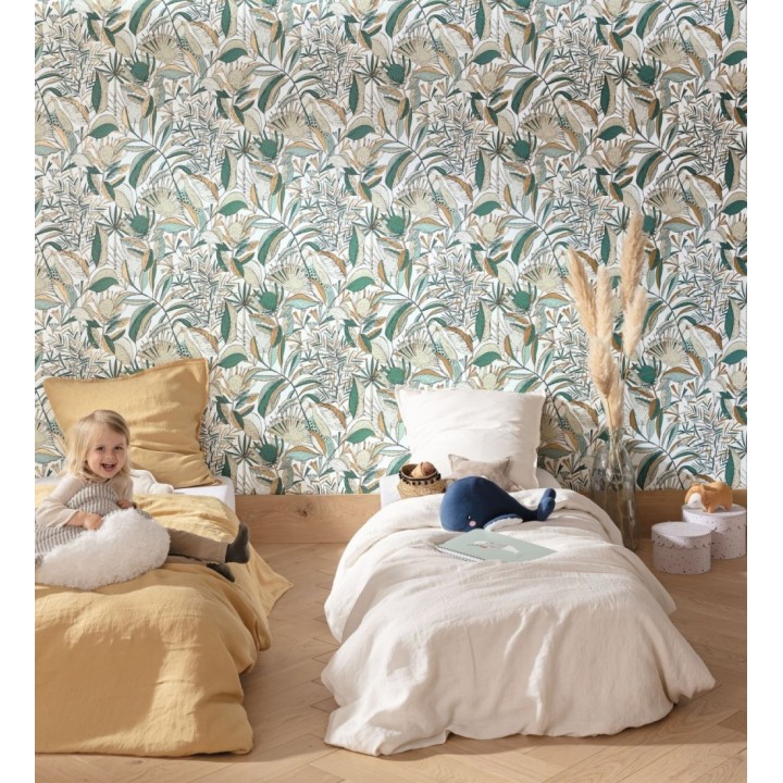 Papel pintado de hojas y tucanes tonos verdes - Nueva Guinea 128725