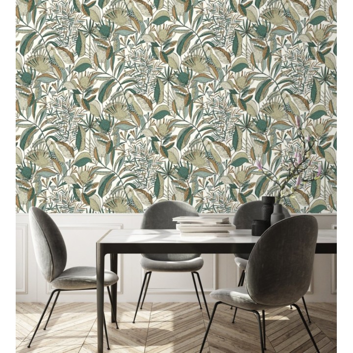 Papel pintado de hojas y tucanes tonos verdes - Nueva Guinea 128725