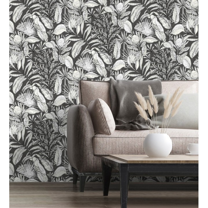 Papel pintado de hojas y tucanes fondo negro - Nueva Guinea 128726