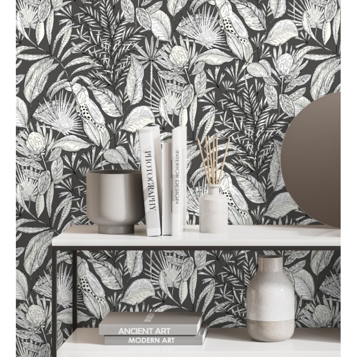 Papel pintado de hojas y tucanes fondo negro - Nueva Guinea 128726