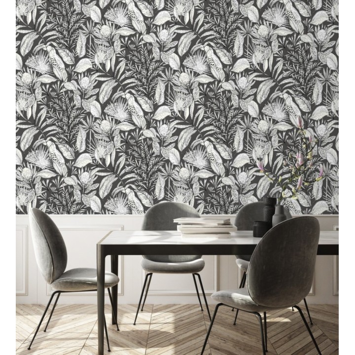 Papel pintado de hojas y tucanes fondo negro - Nueva Guinea 128726