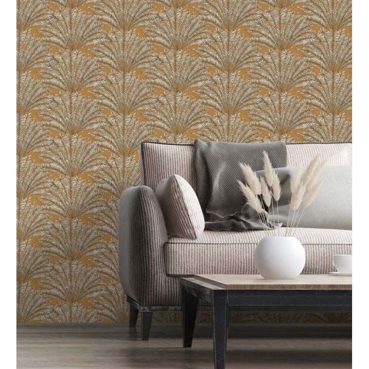 Papel pintado hojas de palmera fondo ocre - Johari 128728