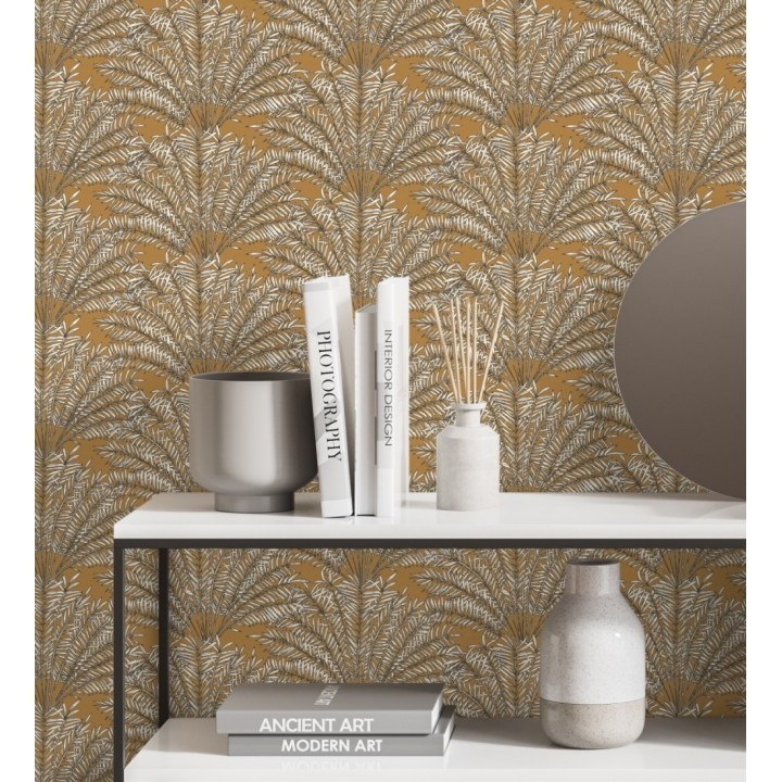 Papel pintado hojas de palmera fondo ocre - Johari 128728