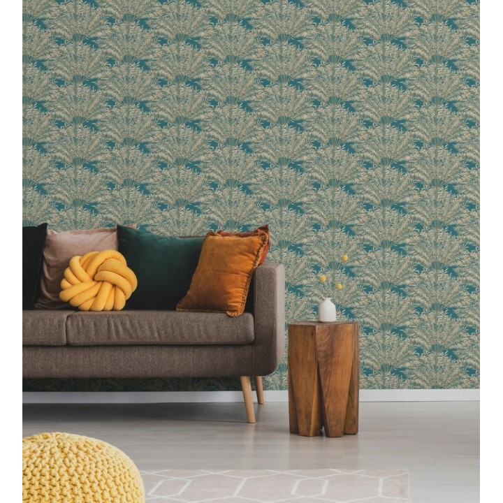 Papel pintado hojas de palmera fondo turquesa - Johari 128729