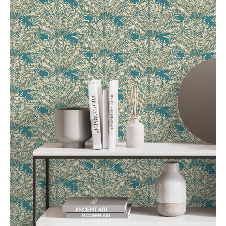 Papel pintado hojas de palmera fondo turquesa - Johari 128729