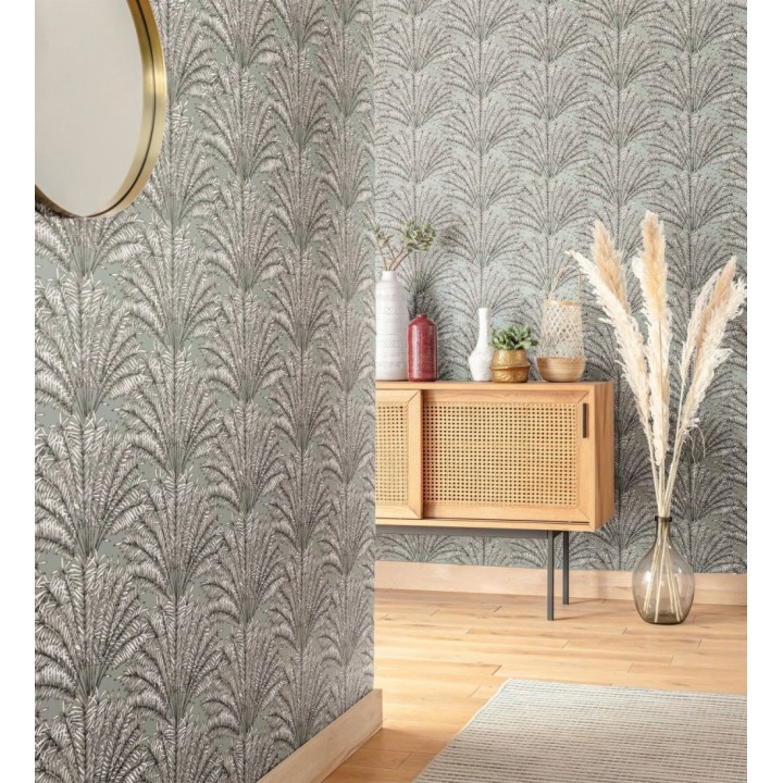 Papel pintado hojas de palmera fondo verde agua - Johari 128730