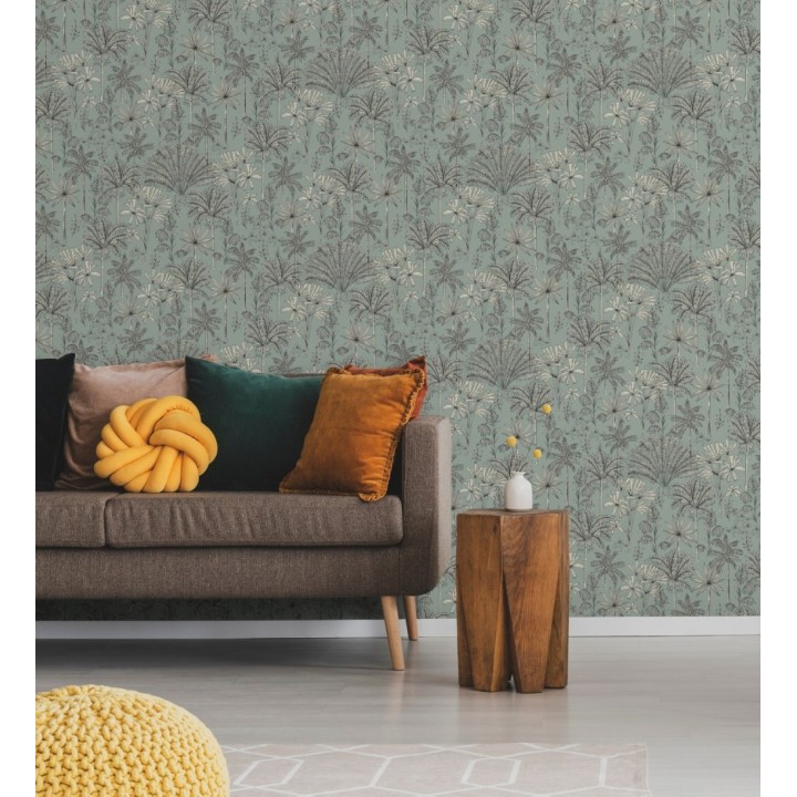 Papel pintado palmeras fondo verde agua - Kesia 128734