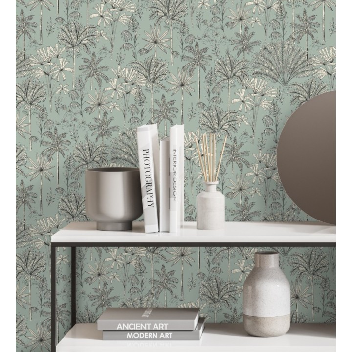 Papel pintado palmeras fondo verde agua - Kesia 128734