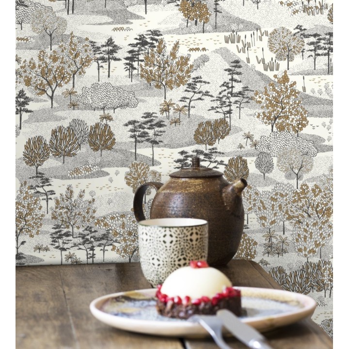 Papel pintado paisaje de árboles color topo  - Bisantore 128736