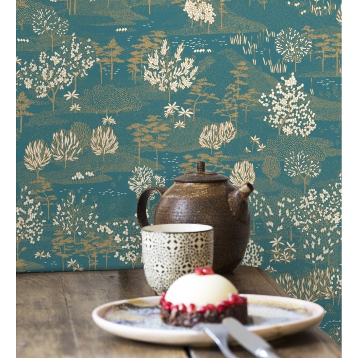 Papel pintado paisaje de árboles color turquesa - Bisantore 128737