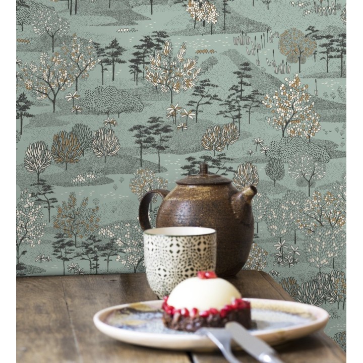 Papel pintado paisaje de árboles color verde agua - Bisantore 128738