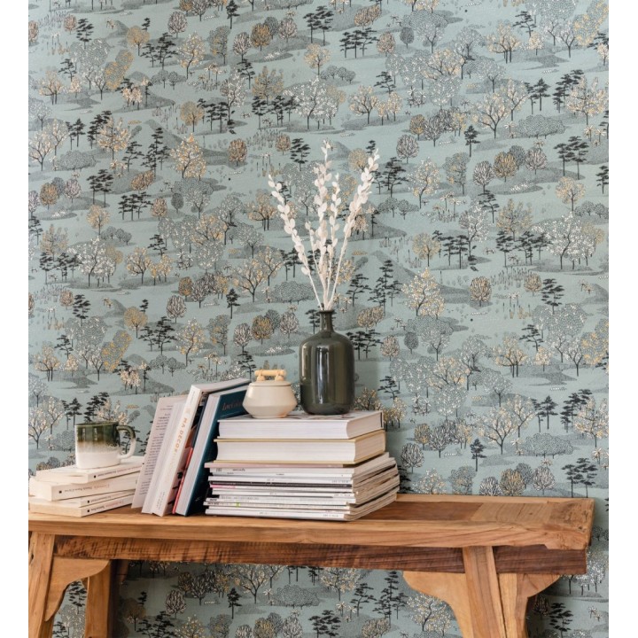 Papel pintado paisaje de árboles color verde agua - Bisantore 128738