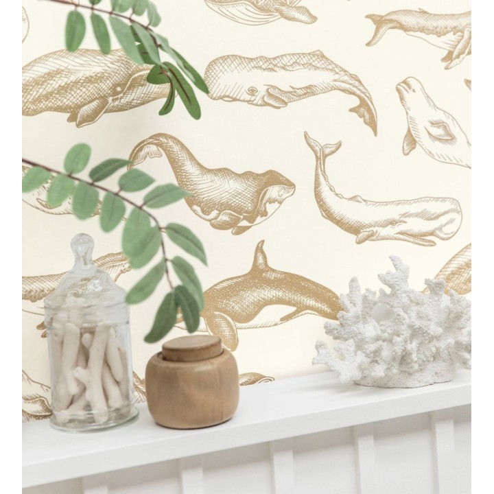Papel pintado de ballenas y narvales color dorado - Whale Sanctuary 128761