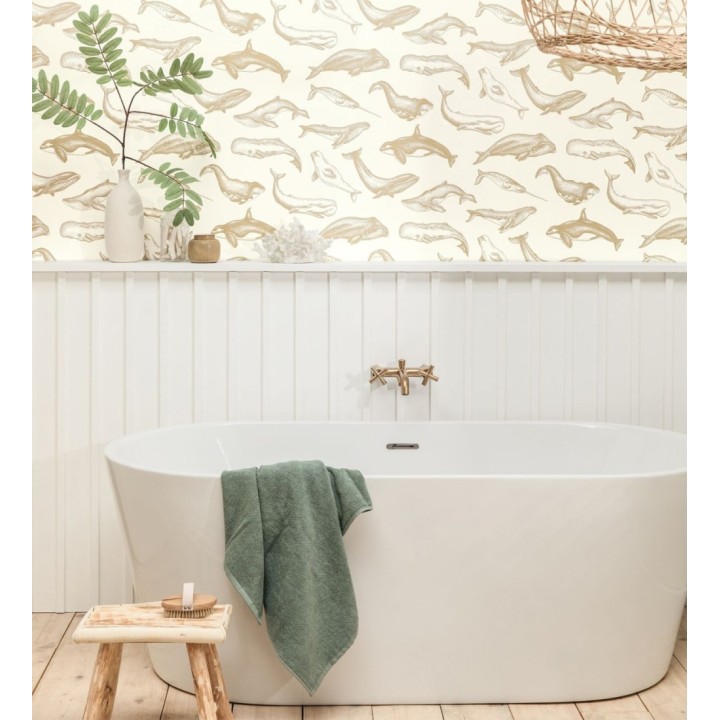 Papel pintado de ballenas y narvales color dorado - Whale Sanctuary 128761