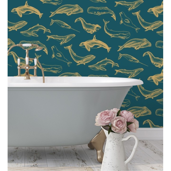 Papel pintado de ballenas y narvales color dorado - Whale Sanctuary 128762