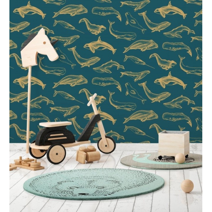 Papel pintado de ballenas y narvales color dorado - Whale Sanctuary 128762
