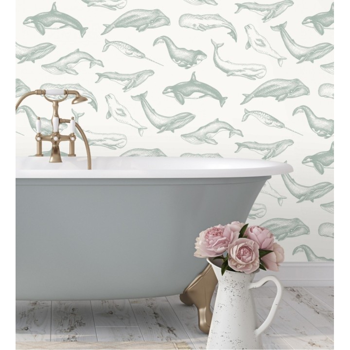 Papel pintado de ballenas y narvales color gris verdoso - Whale Sanctuary 128763