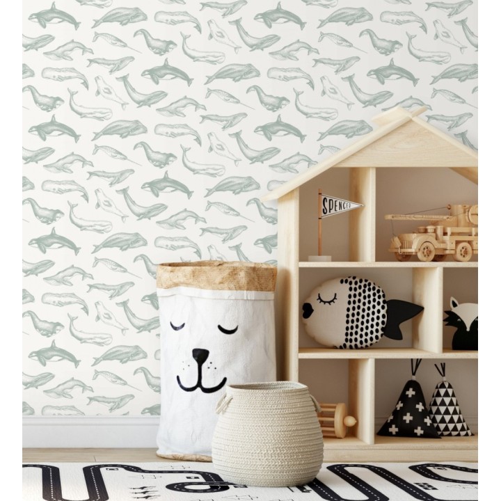 Papel pintado de ballenas y narvales color gris verdoso - Whale Sanctuary 128763
