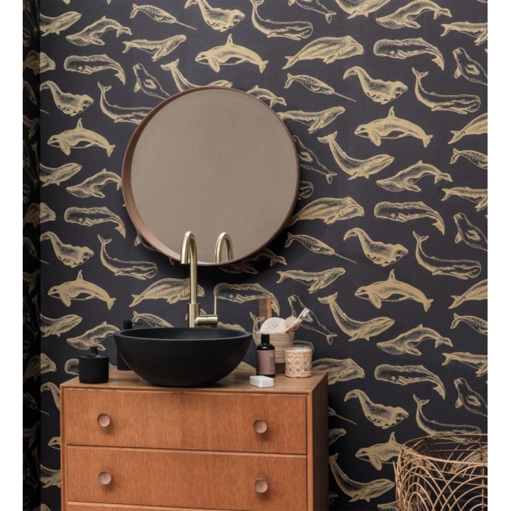 Papel pintado de ballenas y narvales color dorado - Whale Sanctuary 128764