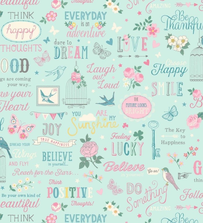 Papel pintado diseño juvenil de letras pájaros mariposas estilo romántico - Nirvana 128805