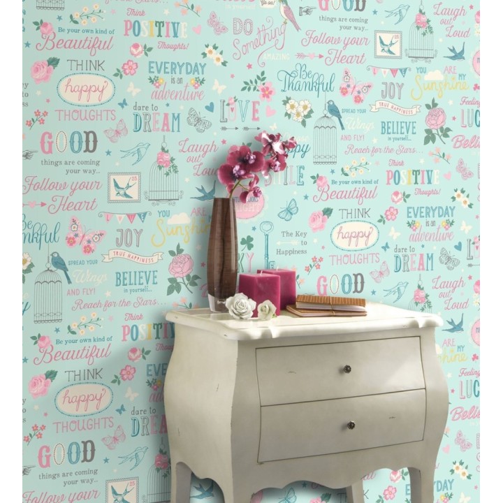 Papel pintado diseño juvenil de letras pájaros mariposas estilo romántico - Nirvana 128805