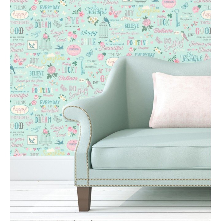 Papel pintado diseño juvenil de letras pájaros mariposas estilo romántico - Nirvana 128805