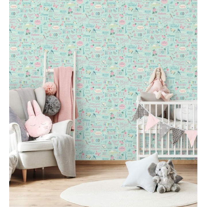 Papel pintado diseño juvenil de letras pájaros mariposas estilo romántico - Nirvana 128805