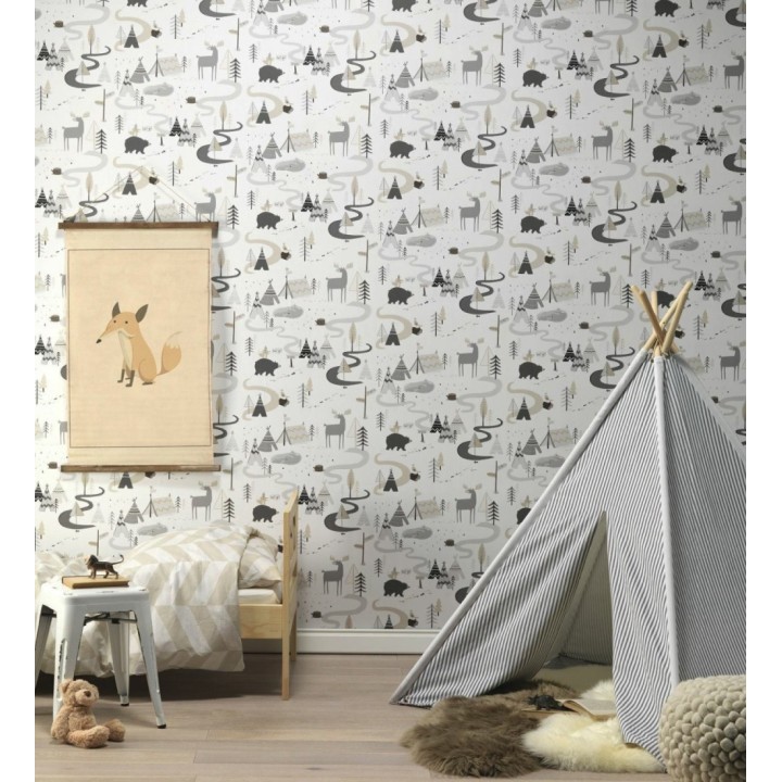 Papel pintado casitas de indios y ciervos - Tipi Kids 128808