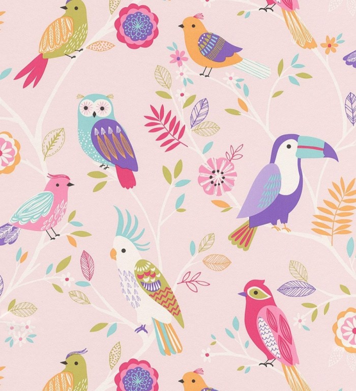 Papel pintado infantil de pájaros buhos cacatuas tucanes loros rosa azul y violeta - Kiara Birds 128809