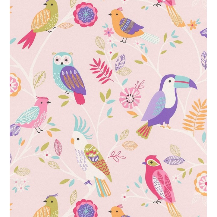 Papel pintado infantil de pájaros buhos cacatuas tucanes loros rosa azul y violeta - Kiara Birds 128809