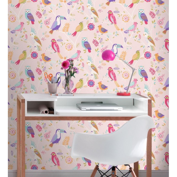 Papel pintado infantil de pájaros buhos cacatuas tucanes loros rosa azul y violeta - Kiara Birds 128809