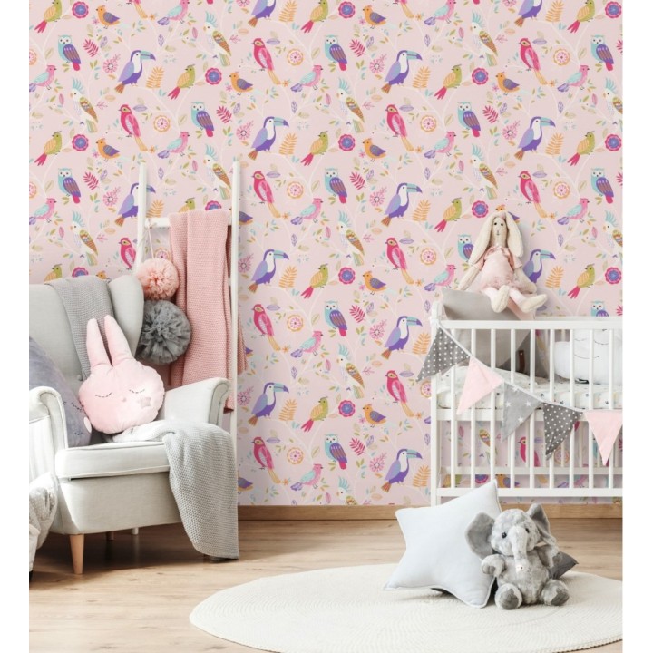 Papel pintado infantil de pájaros buhos cacatuas tucanes loros rosa azul y violeta - Kiara Birds 128809
