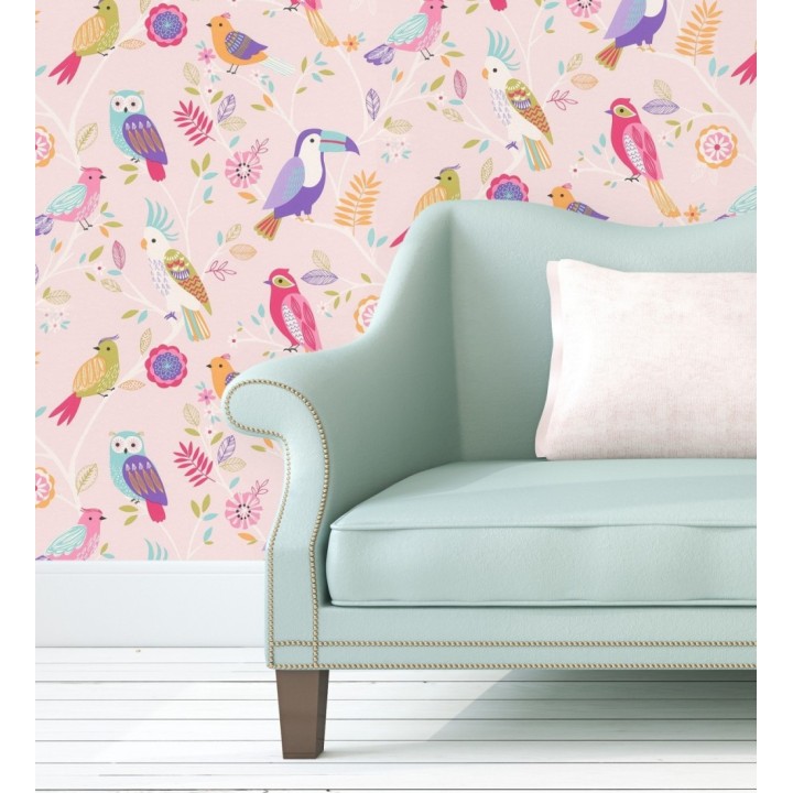 Papel pintado infantil de pájaros buhos cacatuas tucanes loros rosa azul y violeta - Kiara Birds 128809