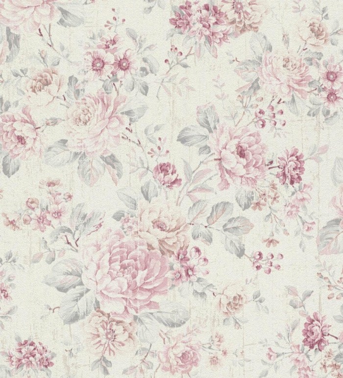 Papel pintado de flores rosas y grises fondo beige claro - Elora Flowers 128814