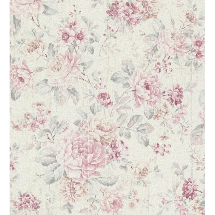 Papel pintado de flores rosas y grises fondo beige claro - Elora Flowers 128814