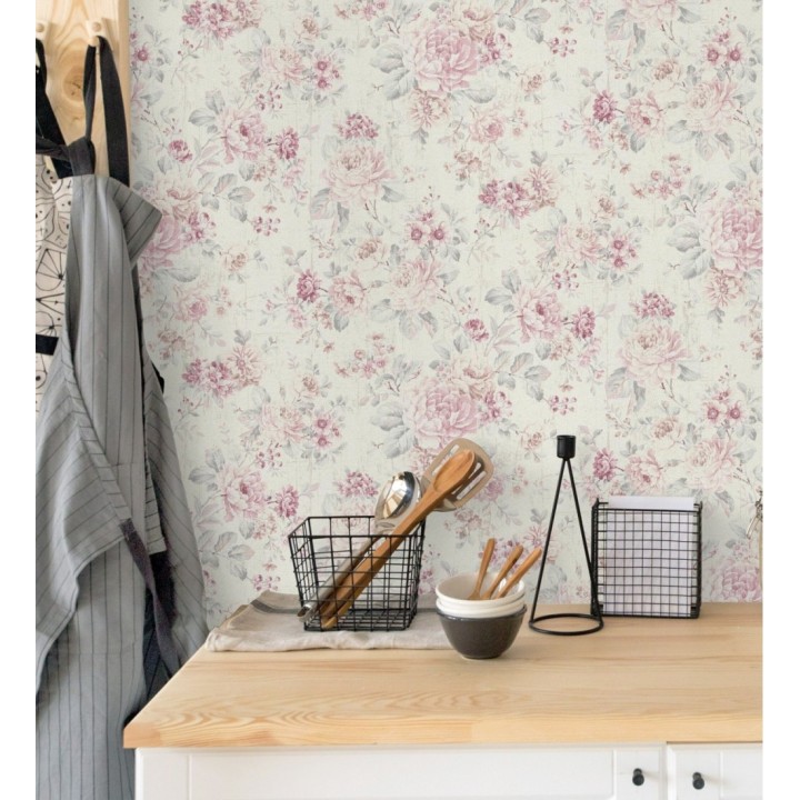 Papel pintado de flores rosas y grises fondo beige claro - Elora Flowers 128814