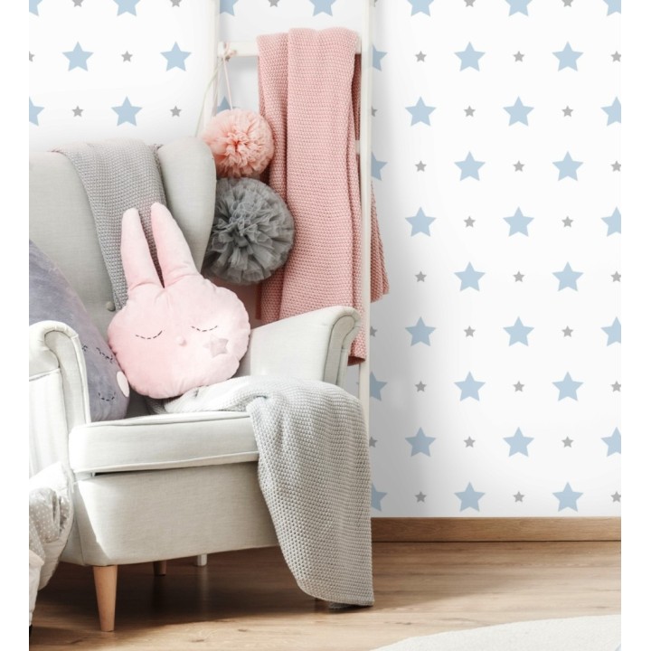 Papel pintado infantil de estrellas azules y grises - Lyari Start 128818
