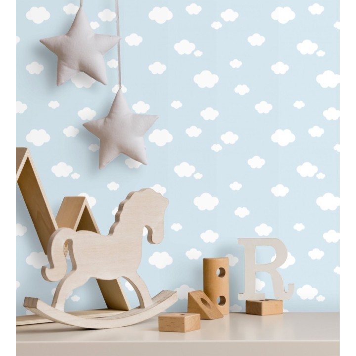 Papel pintado infantil de nubes blancas fondo celeste - Zoe Cloud 128822