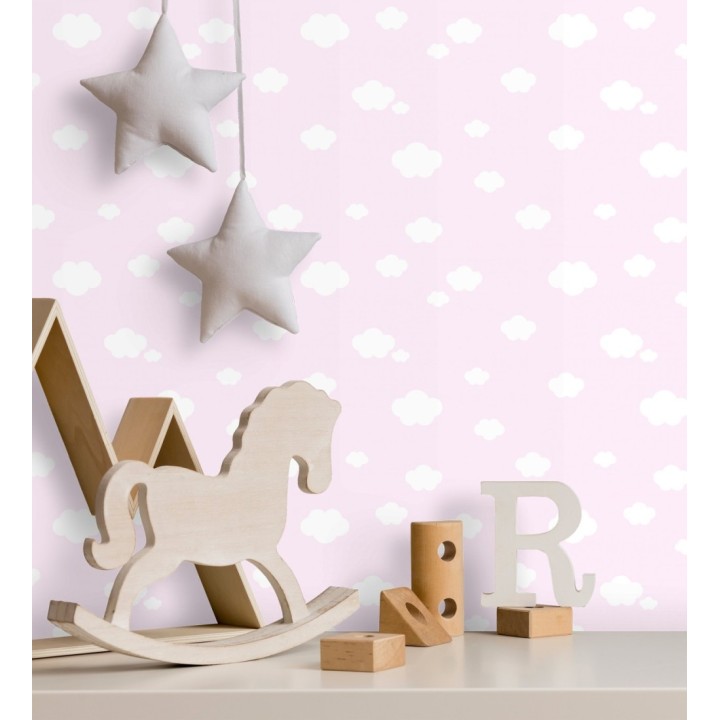 Papel pintado infantil nubes blancas fondo rosa - Zoe Cloud 128823