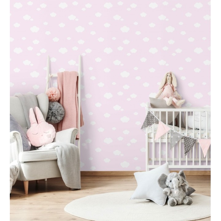 Papel pintado infantil nubes blancas fondo rosa - Zoe Cloud 128823