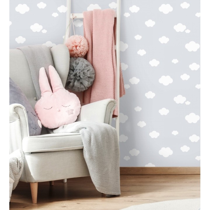 Papel pintado infantil de nubes blancas fondo gris - Zoe Cloud 128824